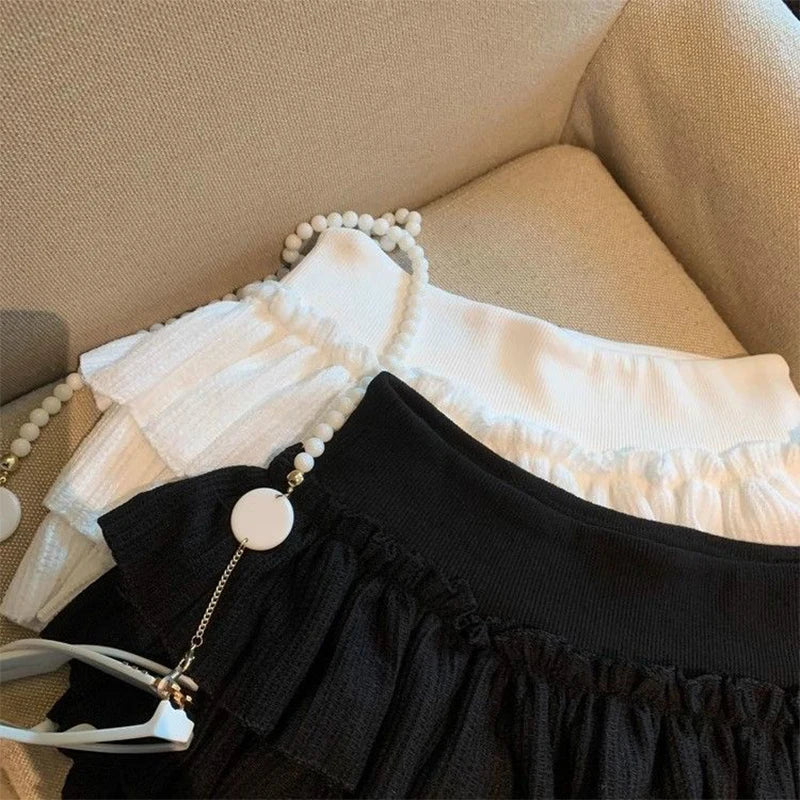 Sweet Puffy Cake Women Skirts Korean Fashion Ruched Ruffle Mini Skirt Campus Harajuku Casual Versatile Elastic Waist Solid Skirt.
