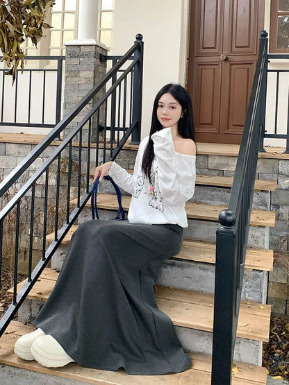 high quality Korean-style  trumpet skirt women waist fall  design knitted long skirt female.