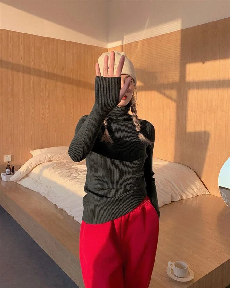 Neue Herbst Winter Grundlegende Gestrickte Tops Frauen Rollkragen Pullover Casual Pullover Koreanische Mode Einfache Mit Daumen Löcher Chic Kleidung.