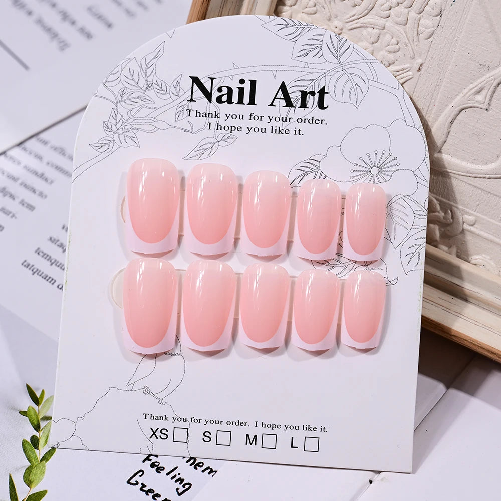 24pcs(+Tools) Pearl Bow Nude Pink Press On Nails White French Fingertips Almond Full Cover Fasle Nails New Year Nail Accessories