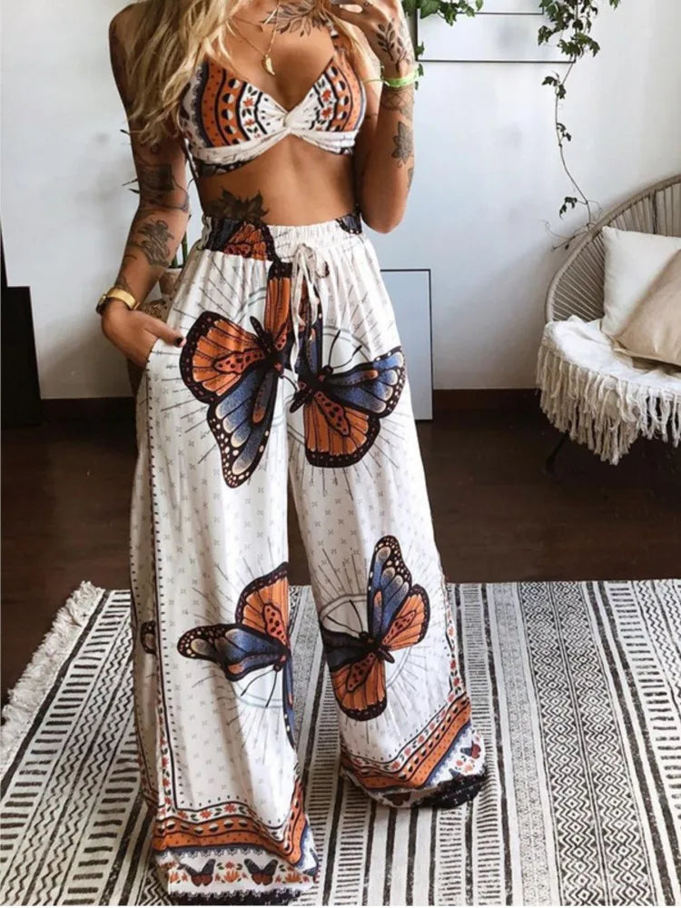 Sexy Two Piece Set Women Outfit 2025 Summer Butterfly Print V-Neck Cropped Top High Waist Drawstring Casual Wide Leg Pants Sets.
