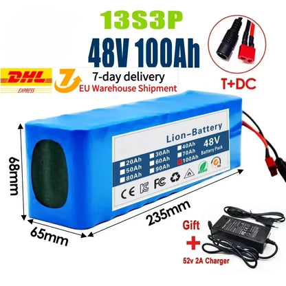 Gaiaray 2025 New 48V 100Ah 2000W 13S3P DC/T Lithium Ion Battery Pack Suitable for 48V motors with BMS+54.6V Charger.