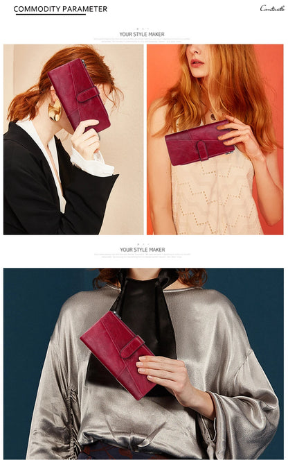 Contact's 100% Genuine Leather Wallet Women Long Coin Purse Hasp Design Clutch Bags Name Engraving Card Holder Wallets Cartera.