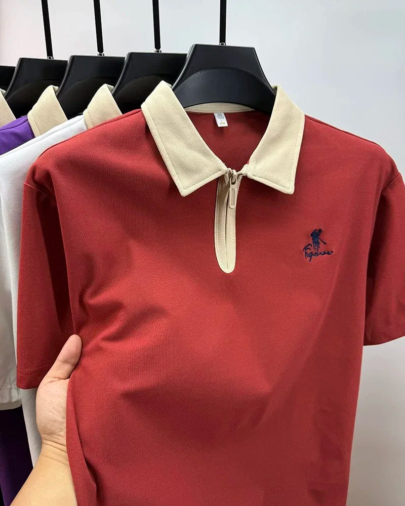 Luxury brand short sleeve polo shirt men's fashion Pony embroidered summer trendy breathable casual color blocked lapel T-shirt.