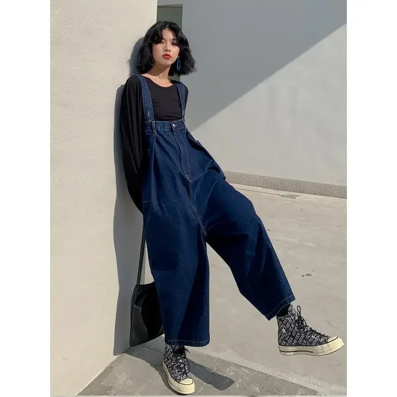 Denim Overalls Women New Vintage Streetwear Jumpsuits Female Korean Fashion Straight Loose Wide Leg Pants.