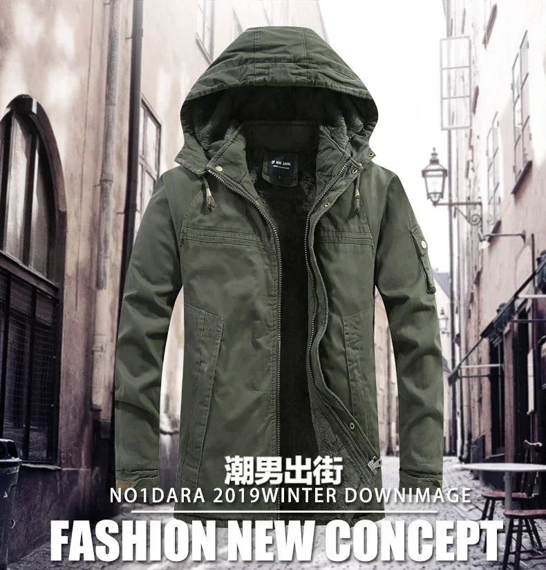 Parkas Coat Military Windproof Hooded Jackets Man Washed Cotton Thick Fleece Casual New  Winter Warm Varsity Jacket Men.