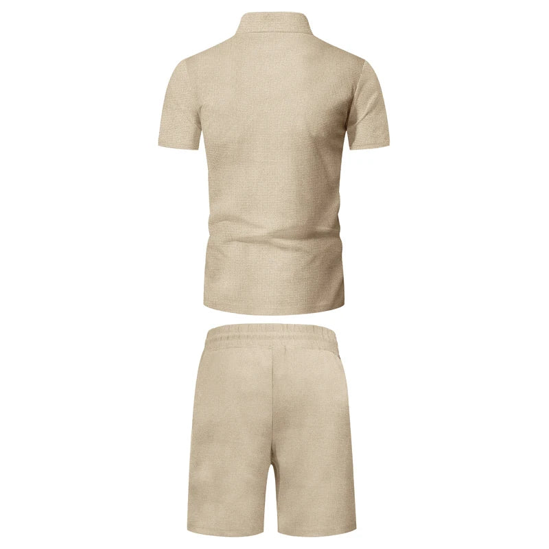 Men's Comfortable Short-Sleeved Waffle Polo Shirt And Shorts Set - Breathable Lightweight Spring/Summer Clothing.