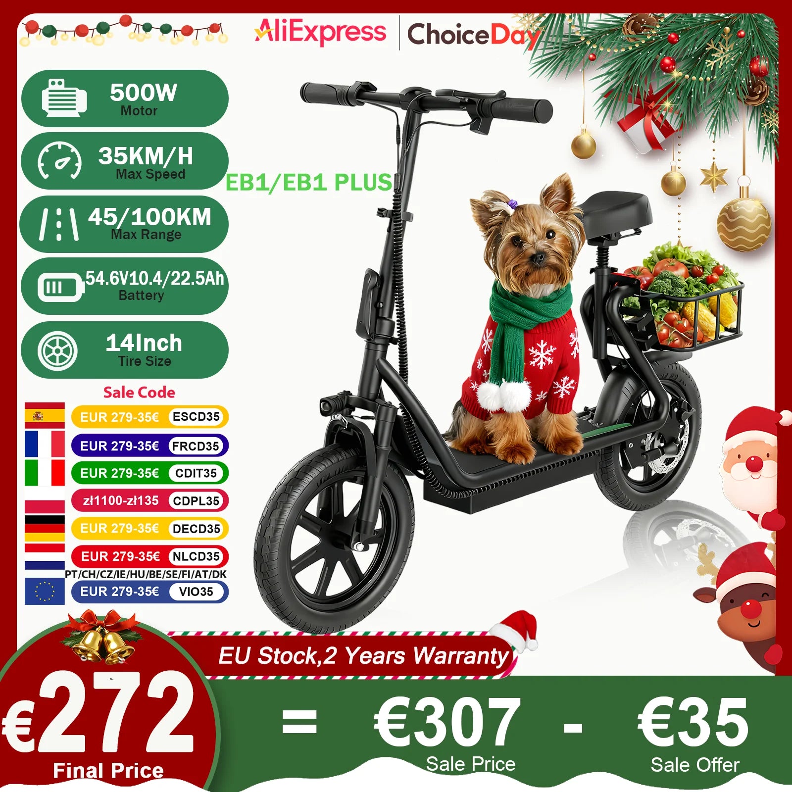 AOVOPRO EB1/EB1 PLUS 500W Electric Scooter 54.6V10.4Ah/22.5Ah Large Capacity Battery 45/100KM Long Range 35km/h 14Inch EScooter.
