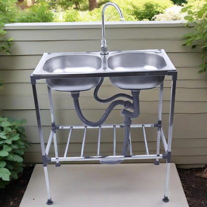 Edelstahlspüle, freistehendes Doppelschüssel-Küchenspülbecken mit Wasserhahn, Warm- und Kaltwasserrohr, Silber 75 * 40 * 83 cm