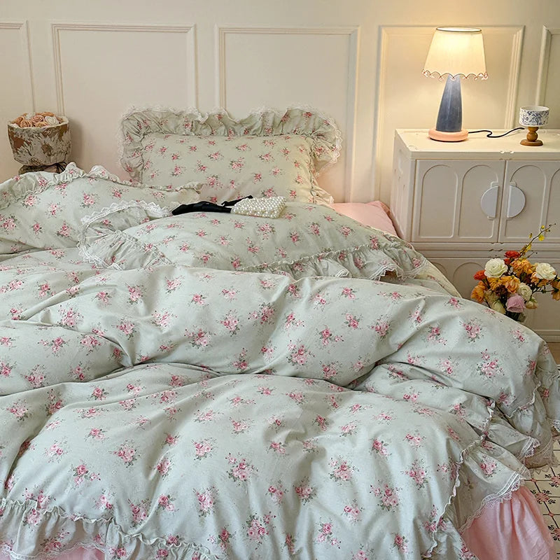 Korean Princess Style Ruffles Flower Print Bedding Set Duvet Cover Set Bed Skirt Bedspread Pillowcases 100% Cotton Home Textile.