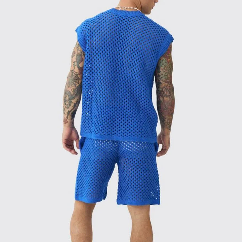 New Men's Summer Casual Knit V Neck Two-piece Sets Fashion Solid Loose Tank Tops and Shorts Sport Suit Men Hollow Out Streetwear.