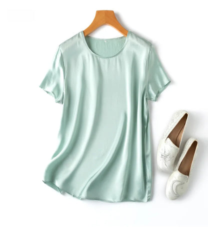 Women 100% Mulberry Silk 19 Momme half sleeve Crew Neck Top Shirt Blouse T-shirt More Colors M L XL MM4270.