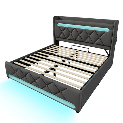 KOMHTOM Doppelbett Leinen, mit USB und Typ C-Port, 360-Surround-LED-Funktion, Hydraulischer Stauraum, ohne Matratze