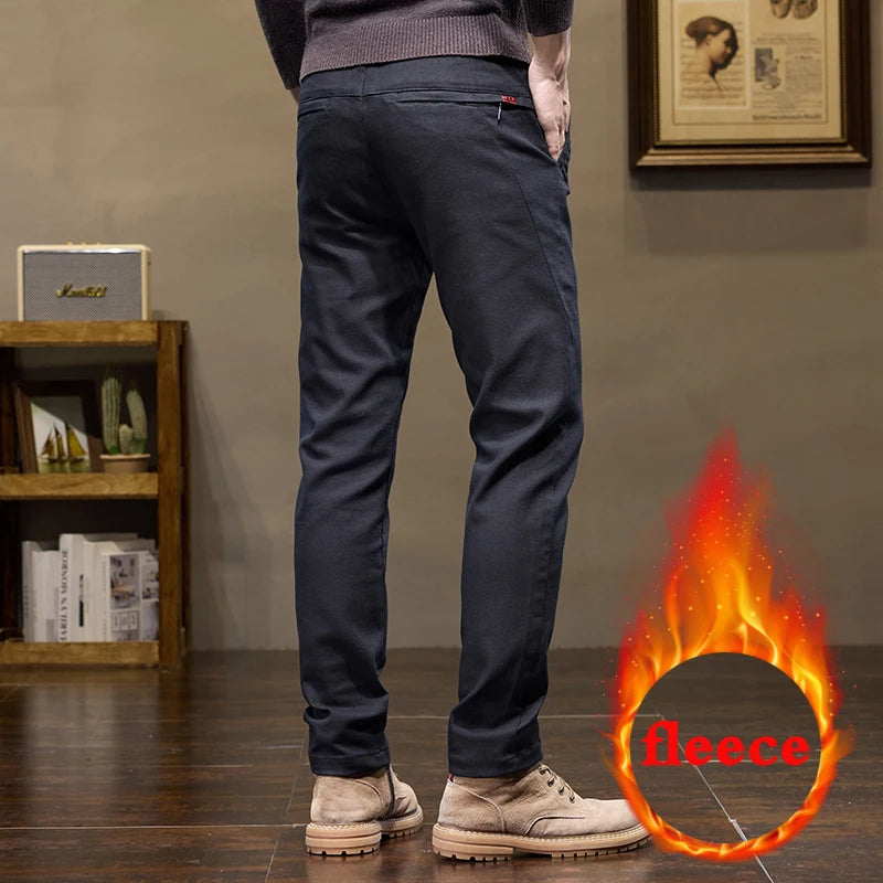Warm Fleece Pants Winter Man Cowboy Man Thermal Fleece Lined Korean Fashion Slim Thicken Plush Wool Boot Cut Jeans Men.