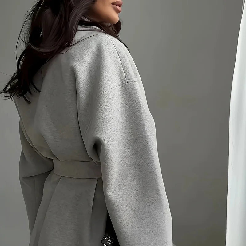 Herbst Winter Dicken Langen Ärmeln Woolen Mantel Einfache Feste Farbe Temperament Spitze Up Jacke frauen Revers Tasche Lose Oberbekleidung.