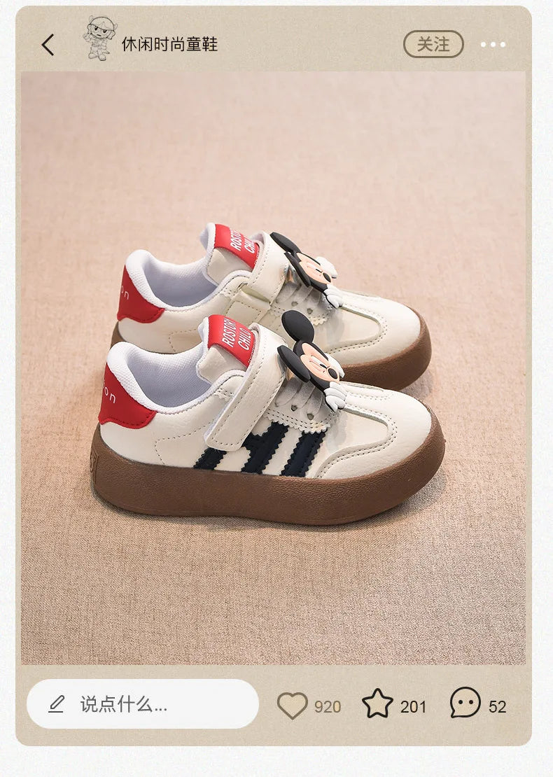 Disney Children's Casual Shoes Cute Minnie Girls Sneakers Fashion Mickey Boys Sport Shoes Anti-slip Soft Sole Kids Board Shoes.