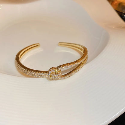 Exquisite Full Zircon Cuff Bracelets Gold Plating Copper Knot Opening Bracelet Minimalist Women's Bangle For Wedding Party.