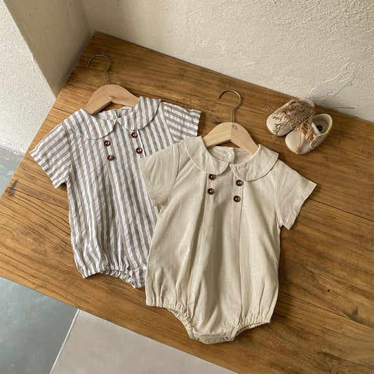 Sommer neue adrette Art Baby Body suits Hemd Kragen Mädchen Jungen Bodysuit atmungsaktive Leinen einteilige Baby kleidung