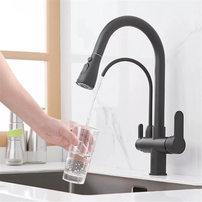 Matte Black Pure Water Filter Kitchen Faucet Dual Handle Hot and Cold Drinking Water Pull Out  Kitchen Mixer Taps