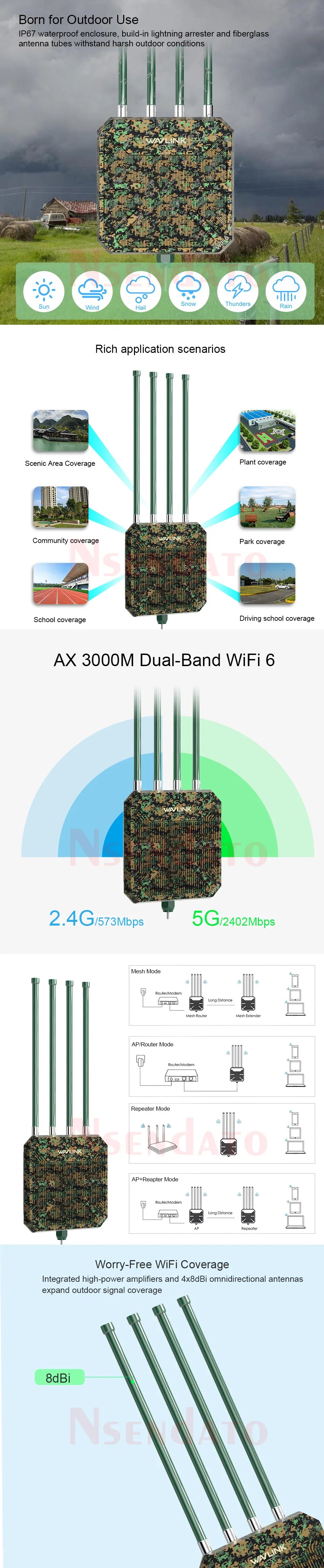 Wavlink AX3000 Outdoor WiFi 6 Mesh Router/AP/Repeater Adapter Dual Band 2.4G+5G Wifi Long Range Extender with 4x8dBi Antennas.