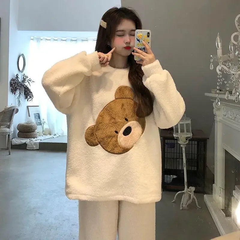 Thickened Warm Women Winter Two Pieces Set Flannel Homewear Pajamas O-Neck Loose Cute Cartoon Bear Ladies Sleepwear Loungewear.