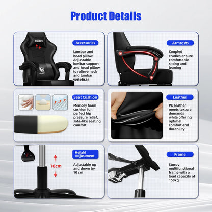 Daccormax Ergonomischer Gaming-Stuhl mit verstellbarer Lordosenstütze und Kopfstütze, Design mit hoher Rückenlehne + faltbarer Fußstütze für PC-Gamer