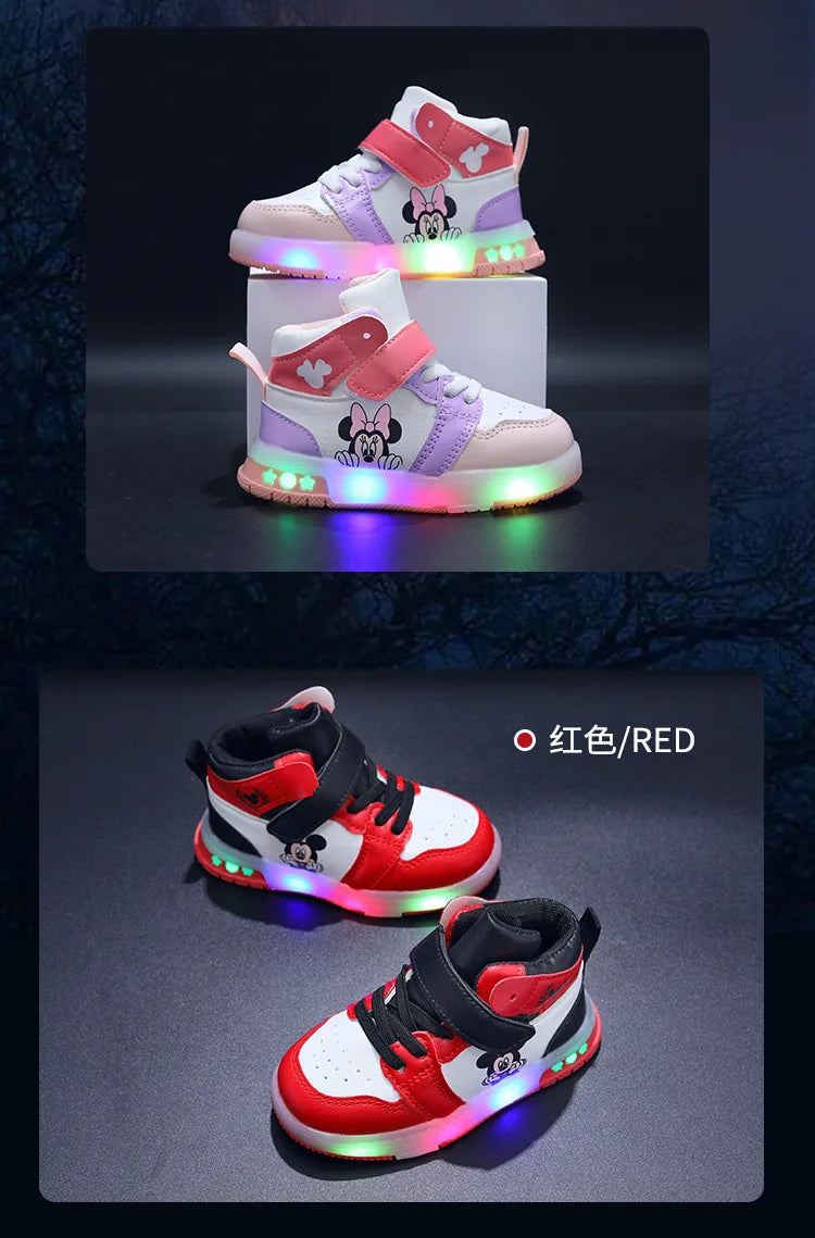 Disney Girls' Causla Shoes PU Leather Mickey Mouse LED Luminescent Children's Sneaker 1-6 Year Old Boys' Sports Casual Shoes.