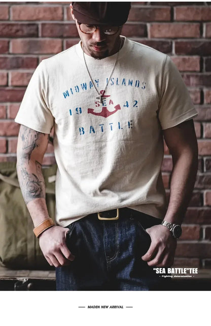 Maden Vintage Letter Print Cotton Short Sleeve T-Shirt Men's Summer Loose Fit Ribbed Crew Neck Tee Casual Street Tops for Daily