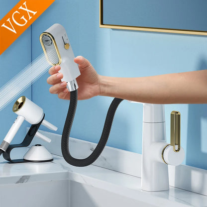 VGX Multifunctional Bathroom Faucets Pull Out Basin Mixer Sink Faucet Gourmet LED Display Tap 360° Tapware Crane Brass Chrome