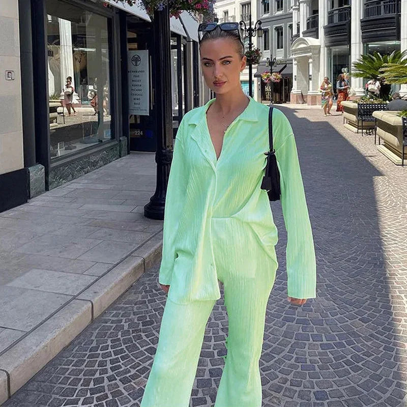 2024 Spring Autumn Women's New Solid Color Button Shirt Long Sleeve Drop Feel Loose Soft Wrinkle Casual Two Piece Set