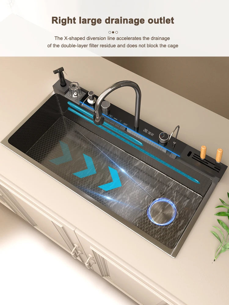 New Stainless Steel Waterfall Kitchen Sink  Large Single Slot Many Different Styles of Sinks Multifunctional Wash Bowl