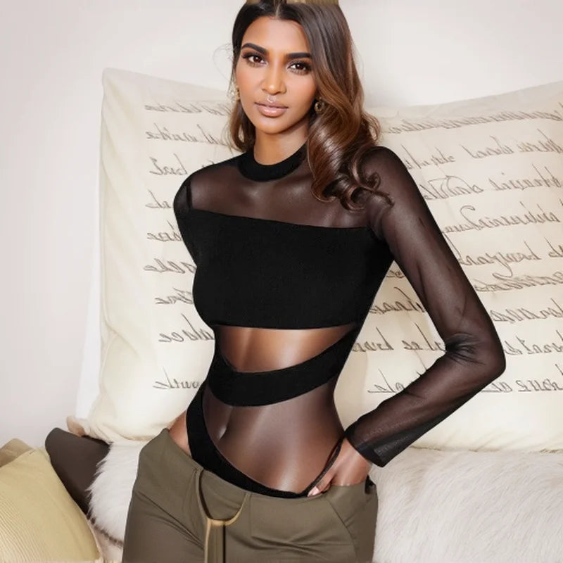 Spring Summer New Fashion Cut Cross Hollow Mesh Jumpsuit Long-Sleeved Thin O Neck Diagonal Black Charming Bodysuit Clubwear.