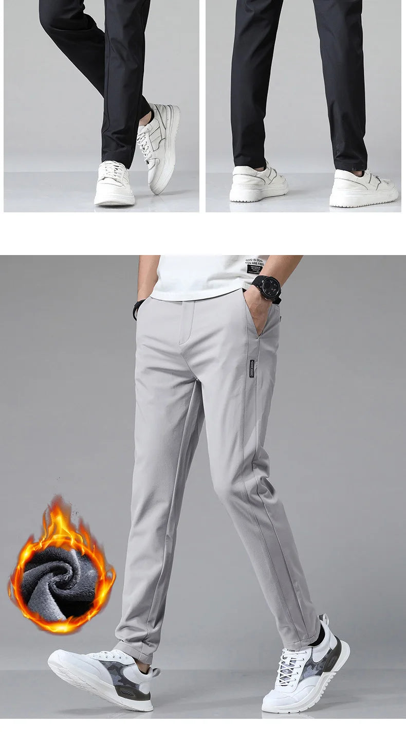 Korean Men's Warm Golf Pants Slim Straight Winter Thick Fleece Casual Pants Business Fashion Stretch Thermal Trousers Male.