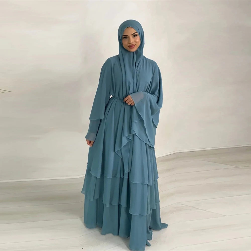 Summer Modest Kaftan Hijab Dresses For Women Kids Open Chiffon Khimar Kimono Abaya Dubai Luxury Muslim Sets Islam Kebaya Damen.