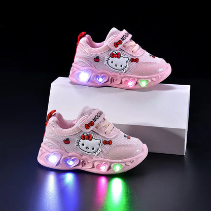 Kids'Casual Shoes Girls Led Light Cartoon PU Leather Fashion Sport Flat Bottom Shoes Breathable White Pink Size 21-30