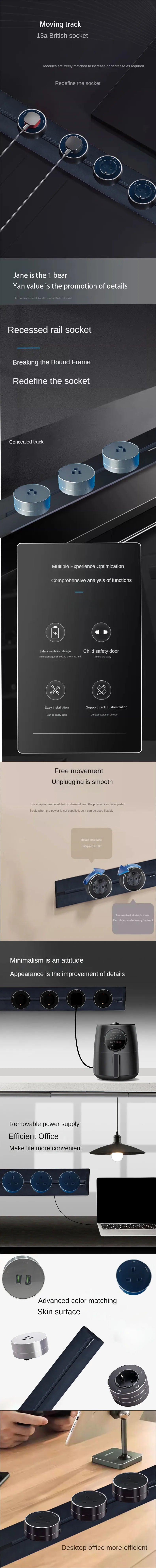 MANLEIKE Schienensteckdose UK EU US-Standardschiene zur Wandmontage, abnehmbarer Universalstecker für Haushaltsgeräte, Leistung 8000 W mit USB-Anschlüssen.