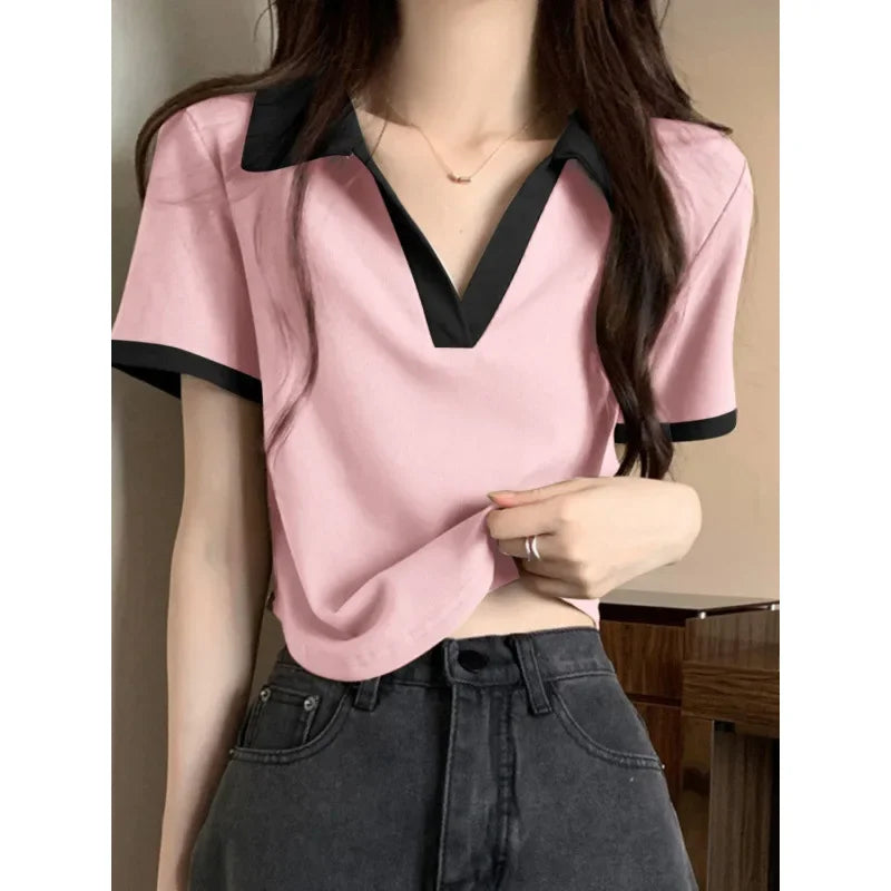 Slim Fit Polo Neck Short Sleeve T-Shirt Women's Summer Fashion Design Contrast Color Casual Versatile Top Body Shaping.