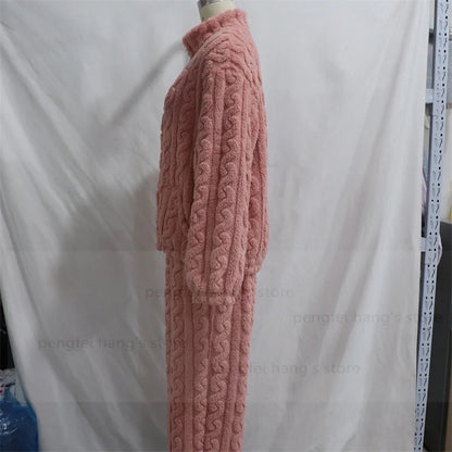 Thick Coral Fleece Pajamas Suit Women Long Sleeve Zip Top Pants Winter Autumn Warm Sleepwear Nightwear with Pocket Pjs.