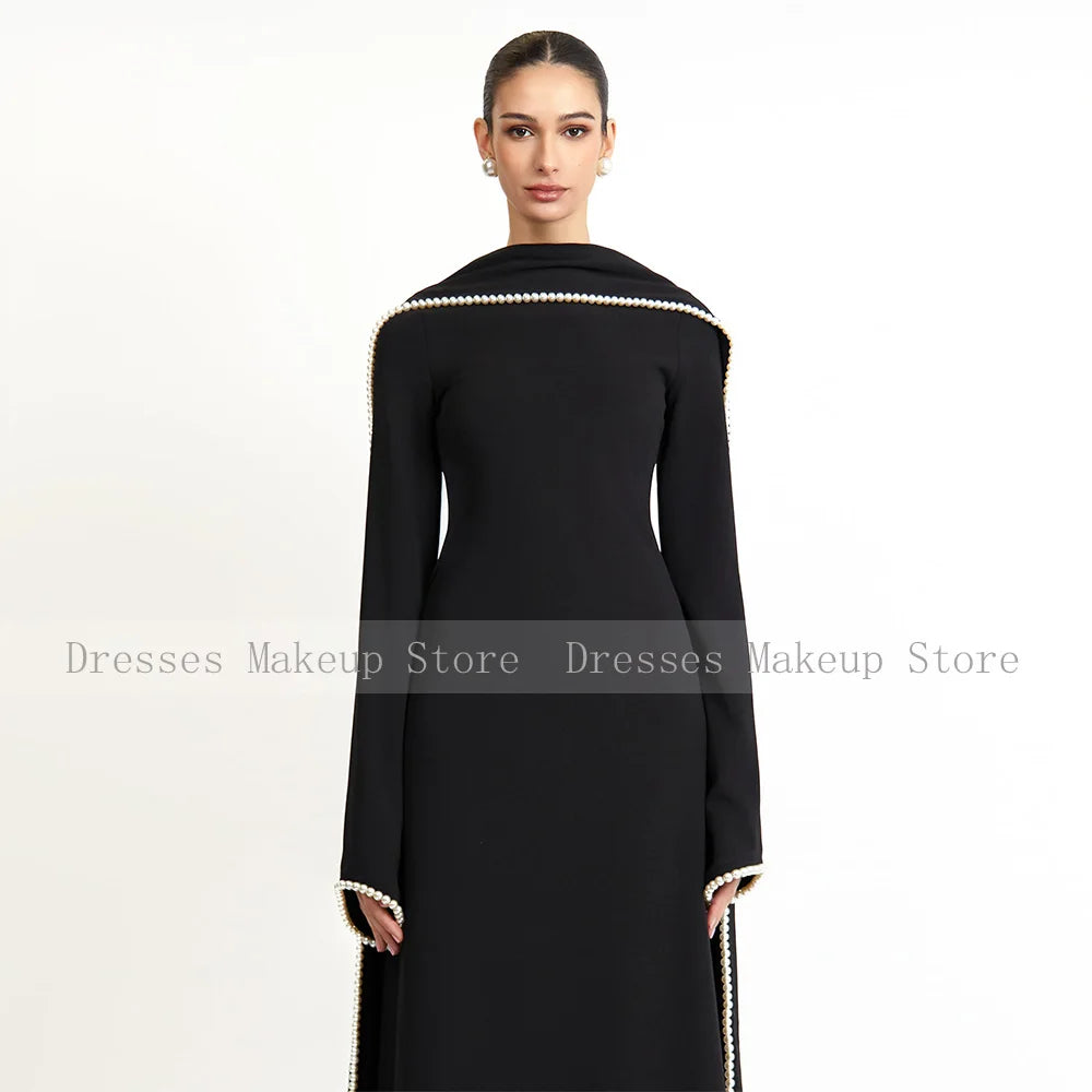 Elegantes Hochzeitskleid, schwarz, A-Linie, Perlen, lange Ärmel, O-Ausschnitt, Abendkleider, langer Schal, saudi-arabisches formelles Abendkleid.