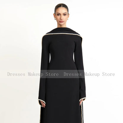 Elegantes Hochzeitskleid, schwarz, A-Linie, Perlen, lange Ärmel, O-Ausschnitt, Abendkleider, langer Schal, saudi-arabisches formelles Abendkleid.