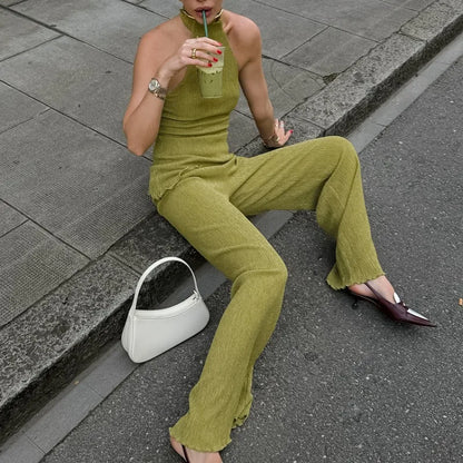 Tuularose Hanging Green Pants Set Sleeveless Backless Personality Temperament Commuter Two-piece Set Summer New Women Pants Set