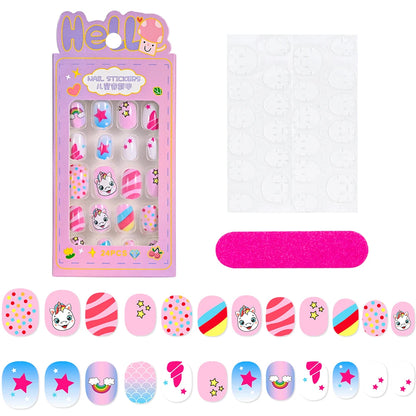 24Pcs/box Kids nails for Girl Cartoon Pattern False Nail Cute Child Fake Nails Tips Kawaii Acrylic Artificial Press on Nail+Tool