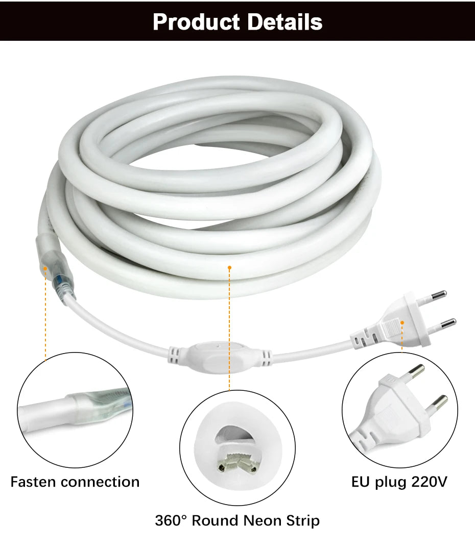 360 Round LED Neon Tube 220V Led Strip Light 120leds/m 2835 Flexible Tape Led Lights IP67 Waterproof for Indoor Outdoor Decor.