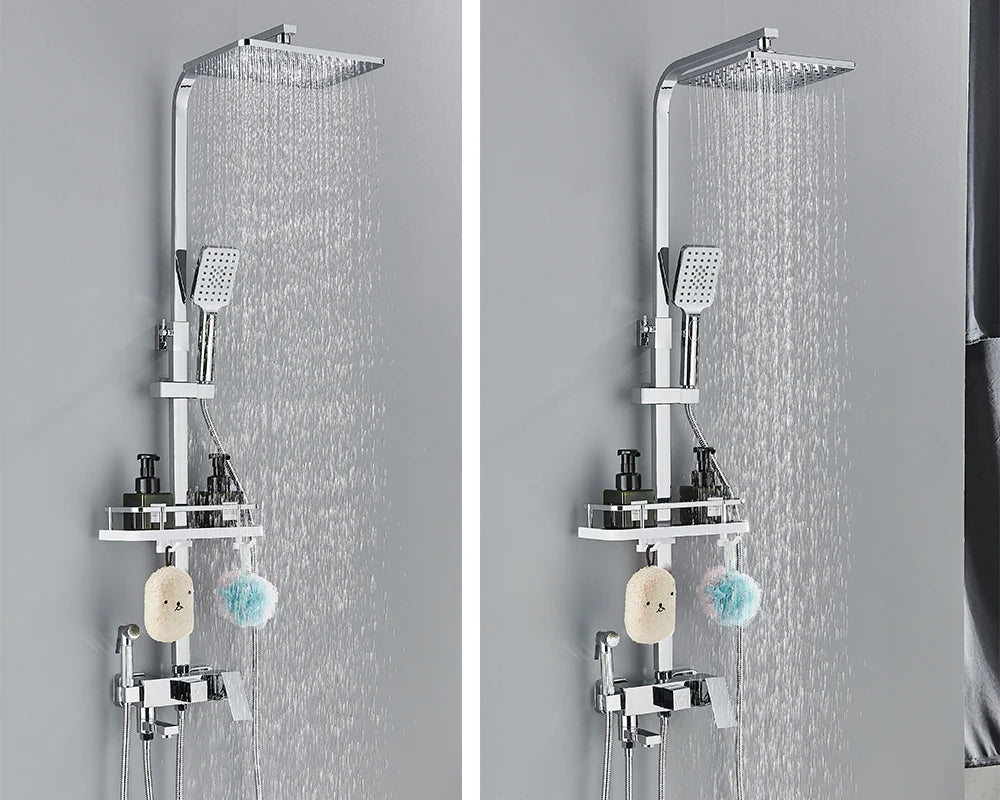 Rainfall Bathroom Shower Faucet Kit With Bidet Wall Mounted Stainless Steel Hot Cold Water Mixer Tap System With Rack,Tub Spout