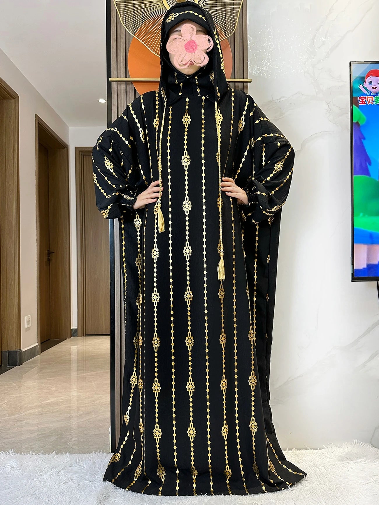 High Grade Cotton Fabric Ramadan Muslim Two-Hat Abaya Dubai Turkey Islam Prayer Clothes Gold Dust Dress Islam Women Dress Kaftan.