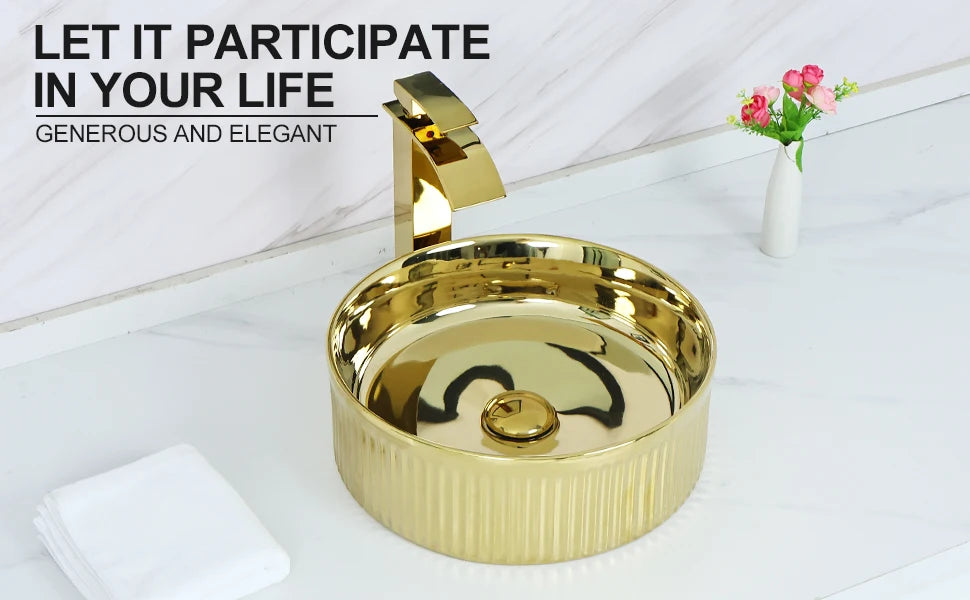 Kemaidi 14.6 ''Gold rundes Gefäß Waschbecken mit Wasserhahn Keramik Gefäß Waschbecken Waschbecken über Theke Gefäß Waschbecken