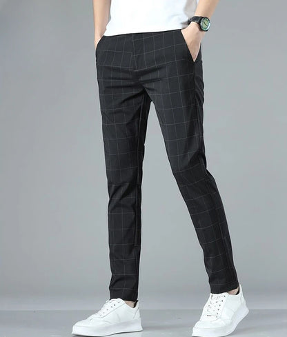 Male Suit Trousers Check Cooling Ice Silk Plaid Straight Up Clothes Offer Slacks Designer Men's Summer Pants Fabric 2025 Classic.