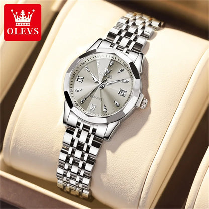 OLEVS Elegant Fashion Ladies Watches 9998 Original Quartz Women's Watches Waterproof Stainless Steel Luminous Date Wristwatch.