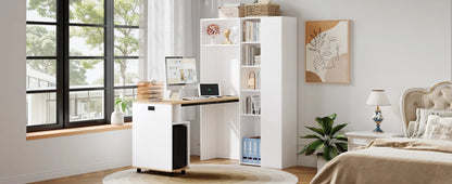 Klappbarer Schreibtisch mit Regalen – 2-in-1-Bücherregal und Schreibtisch, klappbar, mit Steckdose und USB-Anschluss, höhenverstellbare Regale