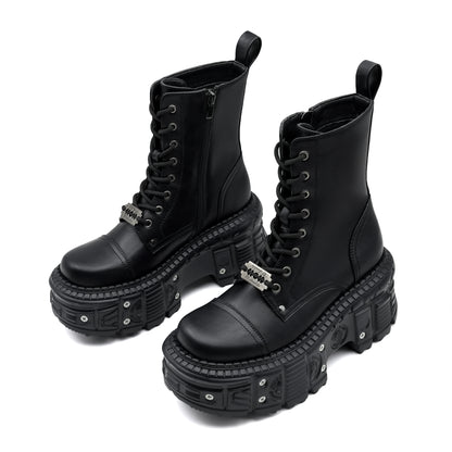 2025 New Punk Women Platform Ankle Boots Female's Rock Round Toe Lace Up Fashion Retro Chunky Shoes Metal Decor Short Boots.